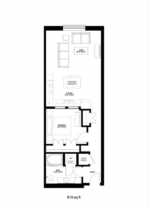 Floor plan for 1 bed, 1 bath, 813 sqft